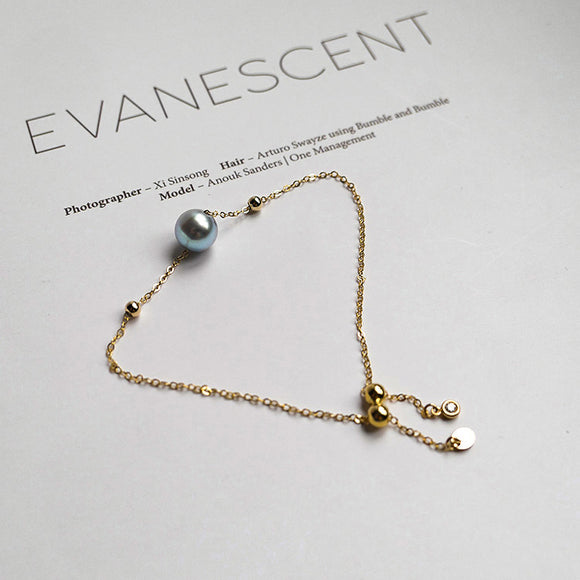 Pulsera de Oro 14K con Perla de Agua Marina y Cáñamo Natural