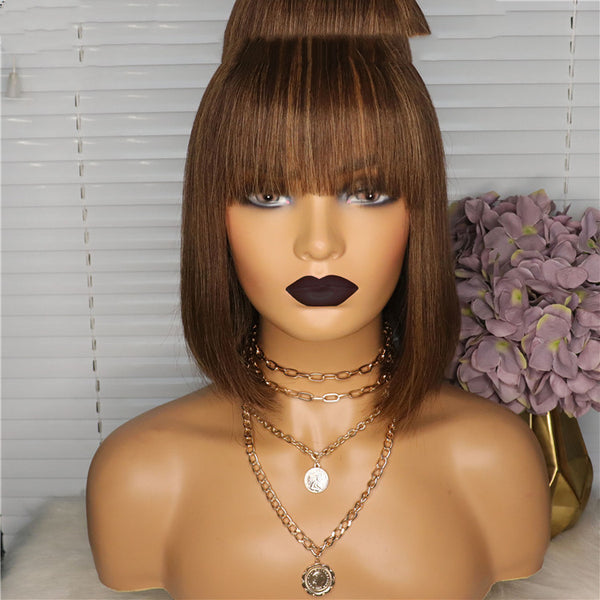 Peluca Frontal de Cabello Real con Flequillo Qi Liuhai