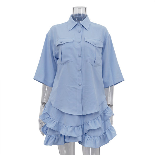 Conjunto Elegante: Blusa Manga Corta con Cuello Solapa y Falda Plisada - Image 23