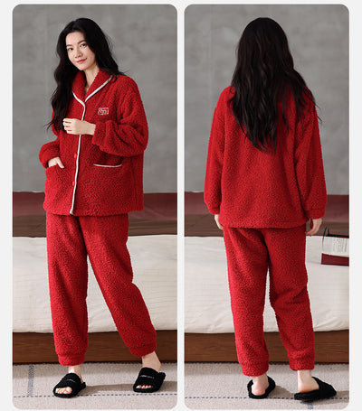 Pijama de Pareja Franela Gruesa Coral Fleece Manga Larga Abrigado - Image 36
