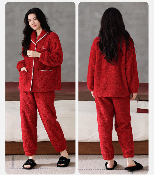 Pijama de Pareja Franela Gruesa Coral Fleece Manga Larga Abrigado - Image 36