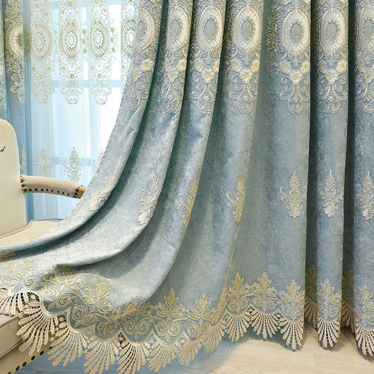 Blue sheer curtain with intricate gold and dark blue embroidery in a European classical style, draped over a window. - Image 6