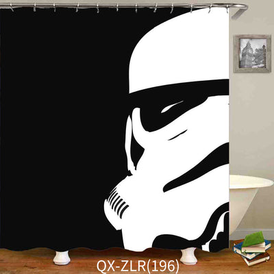 Black and white shower curtain with a stylized digital print of a Stormtrooper helmet, hanging in a modern bathroom. - Image 3