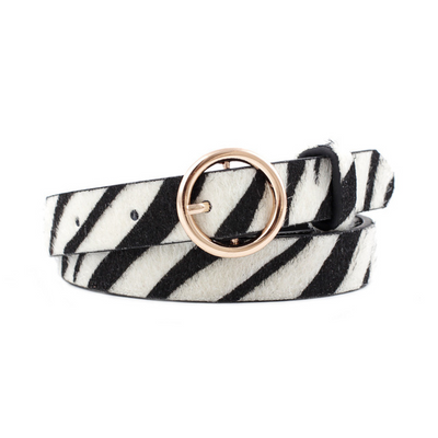Women's zebra print fashion belt with black and white stripes and a round gold-tone buckle. - Image 7