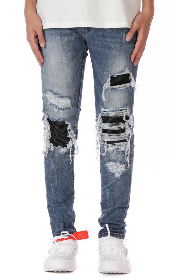 Pantalones Slim Azul y Negro con Roturas Elásticas para Rodillas