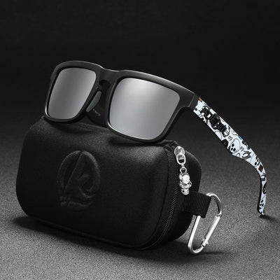 Men's and women's dazzling blue and black striped polarized sunglasses with gray lenses and a black case. - Image 68