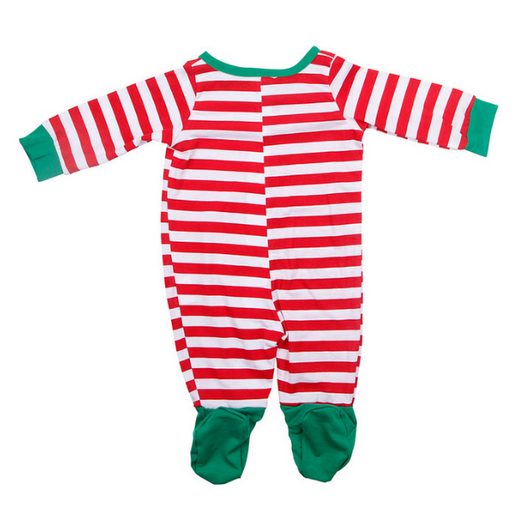 Kids' green long-sleeve Christmas pajama top with an elf graphic and matching red and white striped pants. - Image 6