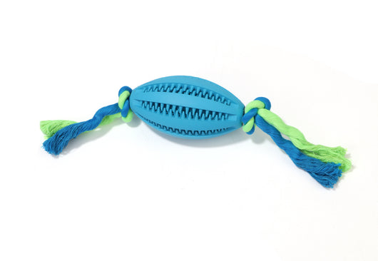 Green rubber pet molar toy with a football shape and textured surface, featuring red and green braided rope knots. - Image 23
