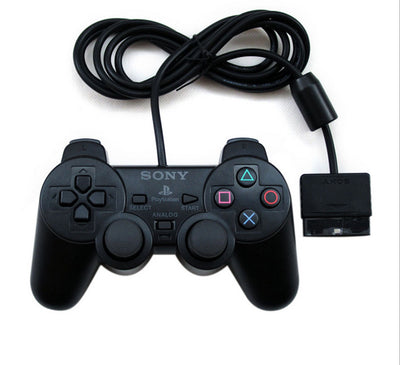 Black wired game controller for PS2 with dual analog sticks, D-pad, and colored action buttons. - Image 2