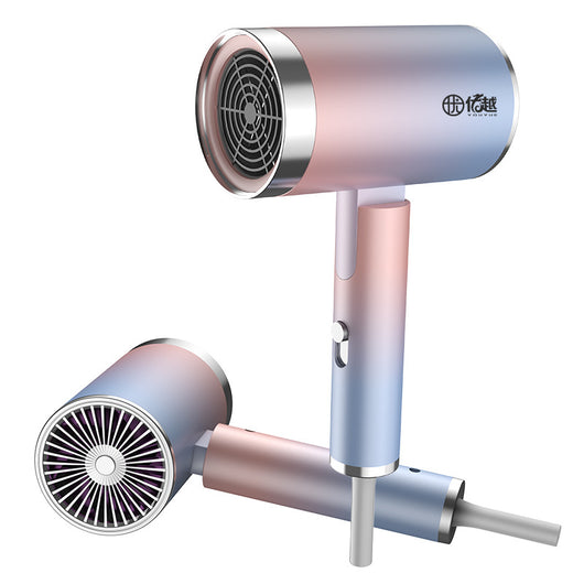 Foldable negative ion hair dryer with a pink to blue gradient finish and silver accents, featuring a single nozzle. - Image 2