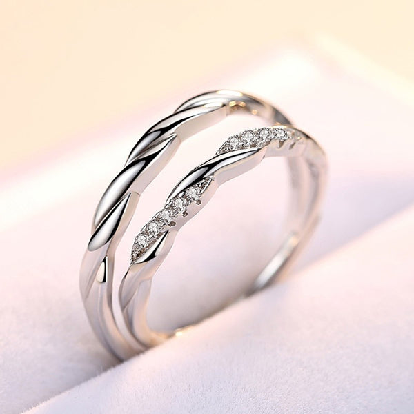Anillo de Pareja en Plata 925 con Ondas de Agua y Micro Incrustaciones