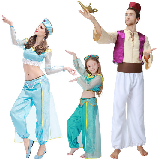 Men's Prince costume featuring a red fez, cream shirt, purple vest, brown sash, white harem pants, and a gold genie lamp. - Image 7