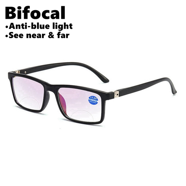 Black rectangular anti-blue light reading glasses with a subtle purple tint on the lenses, shown on a white background. - Image 8