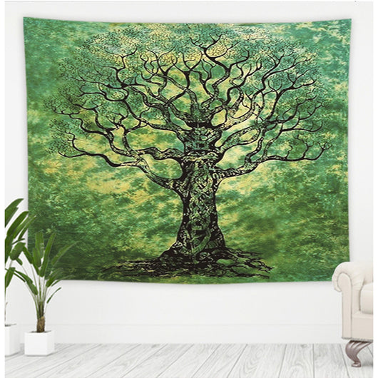 Green and black tree of life wall tapestry with intricate branches and roots, featuring a psychedelic tie-dye background. - Image 5