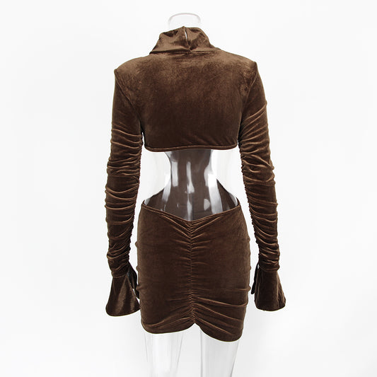 Vestido Elegante Cuello Alto con Bolsillo en Cadera y Falda Terciopelo - Image 2