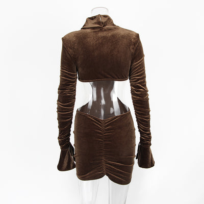 Vestido Elegante Cuello Alto con Bolsillo en Cadera y Falda Terciopelo - Image 2