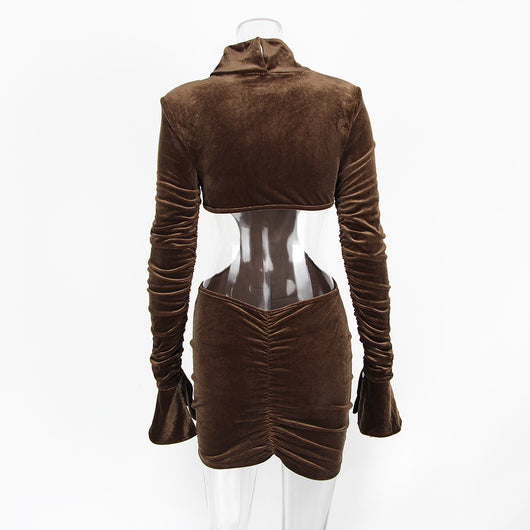 Vestido Elegante Cuello Alto con Bolsillo en Cadera y Falda Terciopelo - Image 2
