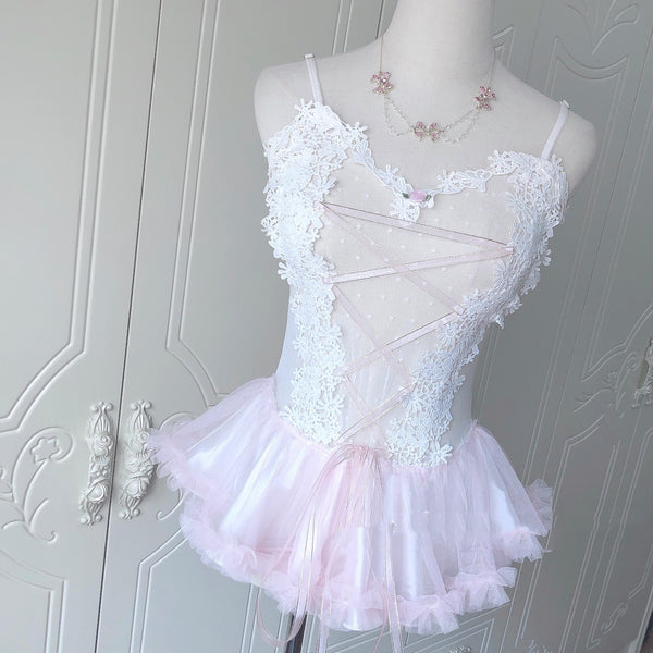 Traje de Baño Enterizo con Encaje Transparente y Falda Suspender Artesanal