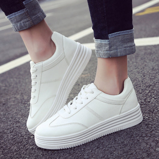Zapatillas Blancas Plataforma Gruesa Estilo Coreano Mujer - Cuero Casual