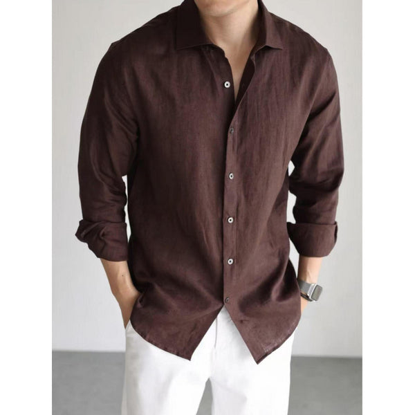 Camisa Casual Business Mezcla Algodón Lino Teñida en Hilo Colores Sólidos