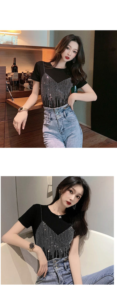 Blusa Elegante Diamante Temperamento Manga Corta Ajustada Mujer - Image 13
