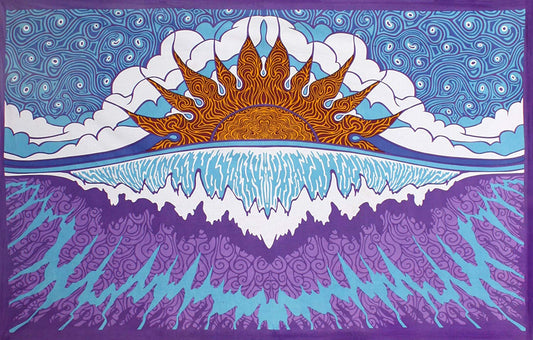 Psychedelic printed tapestry featuring a vibrant sun rising over abstract waves with swirling sky patterns.