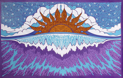 Psychedelic printed tapestry featuring a vibrant sun rising over abstract waves with swirling sky patterns.