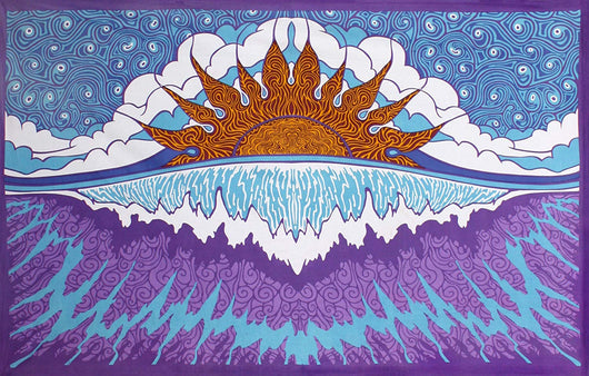 Psychedelic printed tapestry featuring a vibrant sun rising over abstract waves with swirling sky patterns.