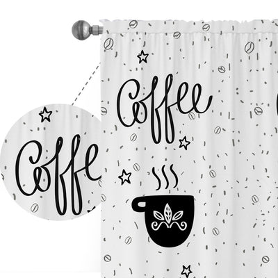 White polyester curtains with a black and white cartoon coffee print, featuring "Coffee" script, steaming cups, and scattered beans and stars. - Image 10