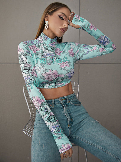 Top Cuello Alto Ajustado Estampado Corto para Mujer - Image 3