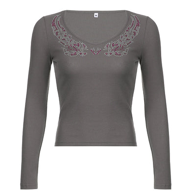 Blusa Ajustada Estampada con Pedrería Hot-Stamping Cuello en V Manga Larga para Mujer - Image 3