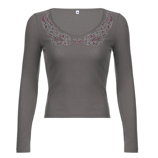 Blusa Ajustada Estampada con Pedrería Hot-Stamping Cuello en V Manga Larga para Mujer - Image 3