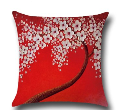 Funda de Cojín de Algodón con Pintura al Óleo Tridimensional - Árboles y Flores - Image 2