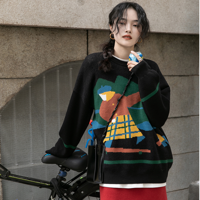 Suéter Tejido Negro Retro para Mujer con Cuello Suelto - Image 2
