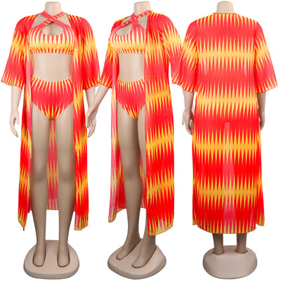 Women's blue and yellow geometric print bikini with high-waisted bottoms and a matching sheer kimono cover-up. - Image 20