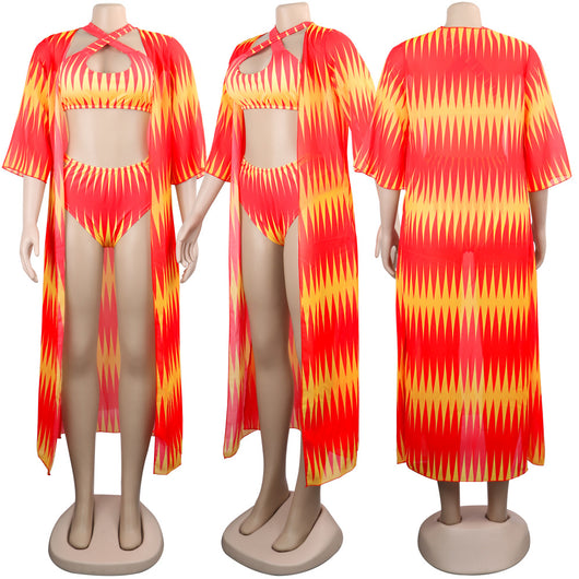 Women's blue and yellow geometric print bikini with high-waisted bottoms and a matching sheer kimono cover-up. - Image 20