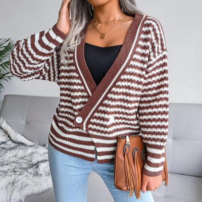 Suéter Tejido de Cuello V con Rayas y Mangas Largas para Otoño e Invierno - Image 10