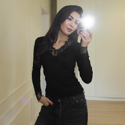 Blusa Elegante de Encaje con Escote en V y Mangas Largas para Otoño e Invierno - Image 25