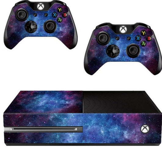 Xbox One film skin sticker with a vibrant blue and purple galaxy pattern, packaged in a clear bag. - Image 2