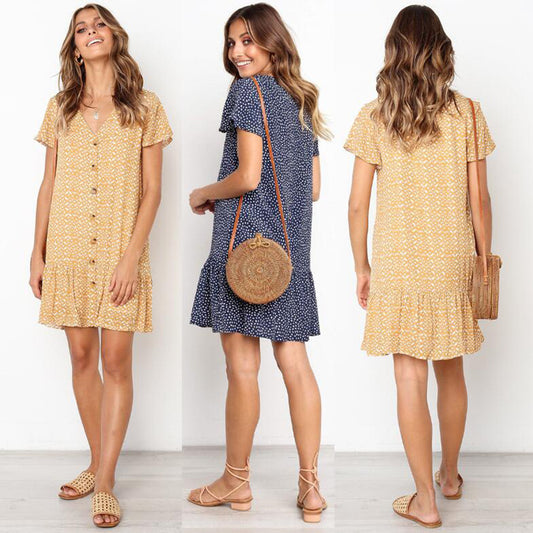Vestido Estampado con Escote V y Botones de Manga Corta