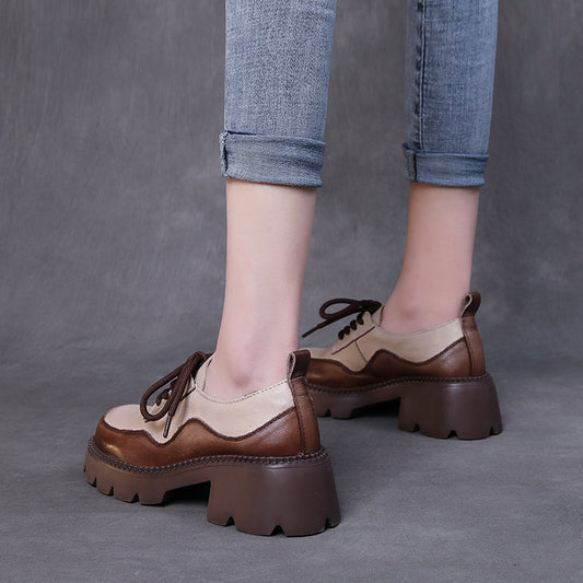 Zapatos de Cuero Vintage con Tacón Grueso y Cordones - Diseño Bicolor - Image 2
