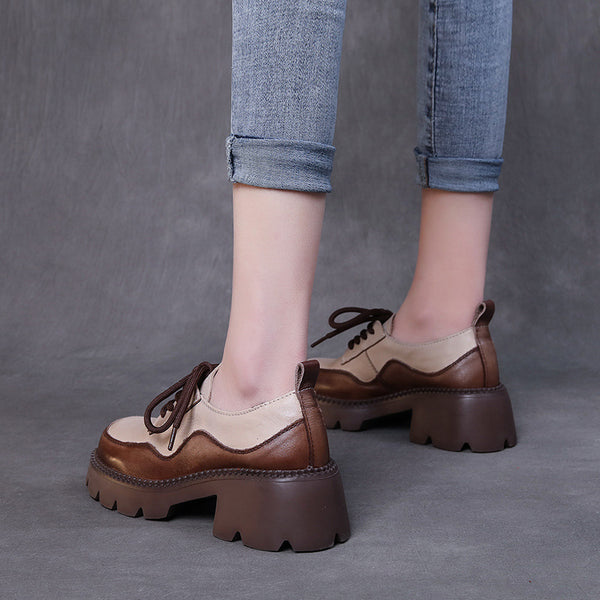 Zapatos de Cuero Vintage con Tacón Grueso y Cordones - Diseño Bicolor