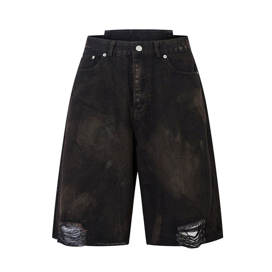 Shorts Denim Vintage Desgastado para Hombre con Efecto Spray