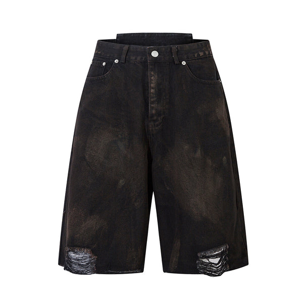 Shorts Denim Vintage Desgastado para Hombre con Efecto Spray