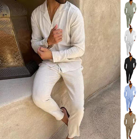 Traje Casual de Manga Larga con Solapa - Camisa y Pantalón Slim Fit para Hombre