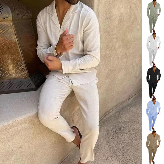 Traje Casual de Manga Larga con Solapa - Camisa y Pantalón Slim Fit para Hombre
