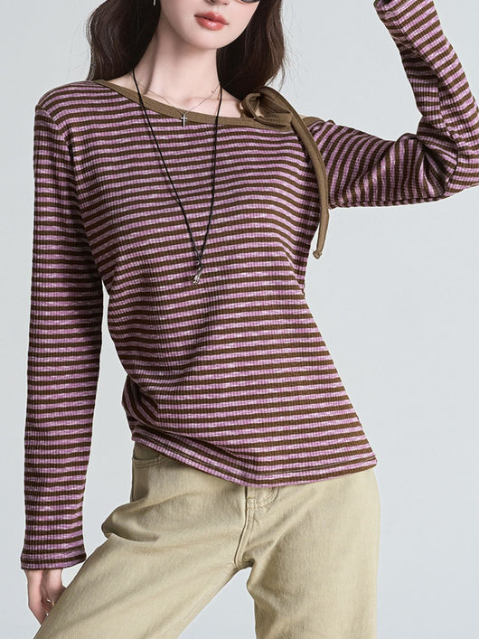 Blusa Slim Rayas Moradas con Hombros Descubiertos Manga Larga - Image 15