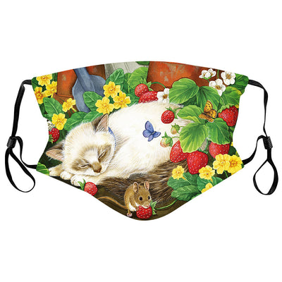 Cotton face mask with a whimsical print of a sleeping cat, a mouse, butterflies, strawberries, and yellow flowers. - Image 5