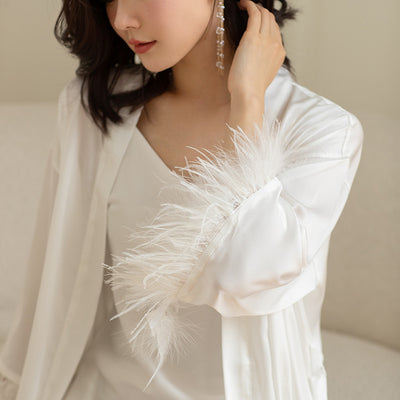 Pijama de Dos Piezas en Seda de Hielo con Plumas para Mujer - Image 9