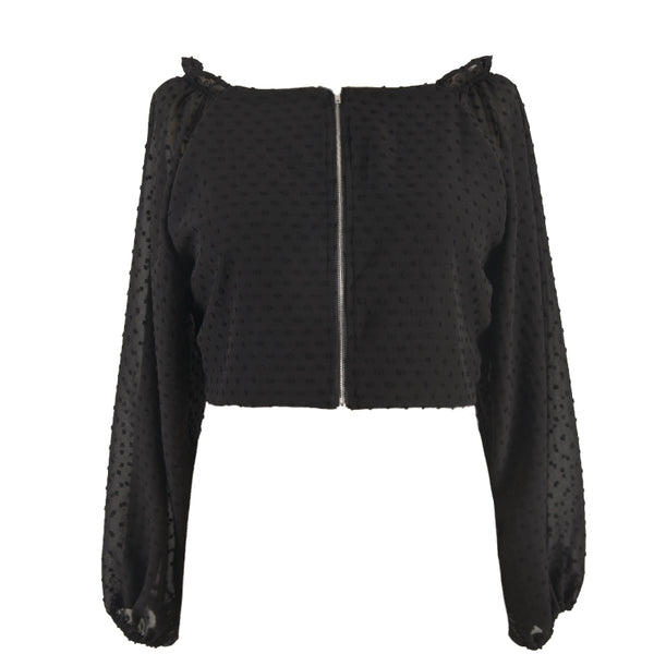 Blusa Manga Abullonada con Malla Entrelazada